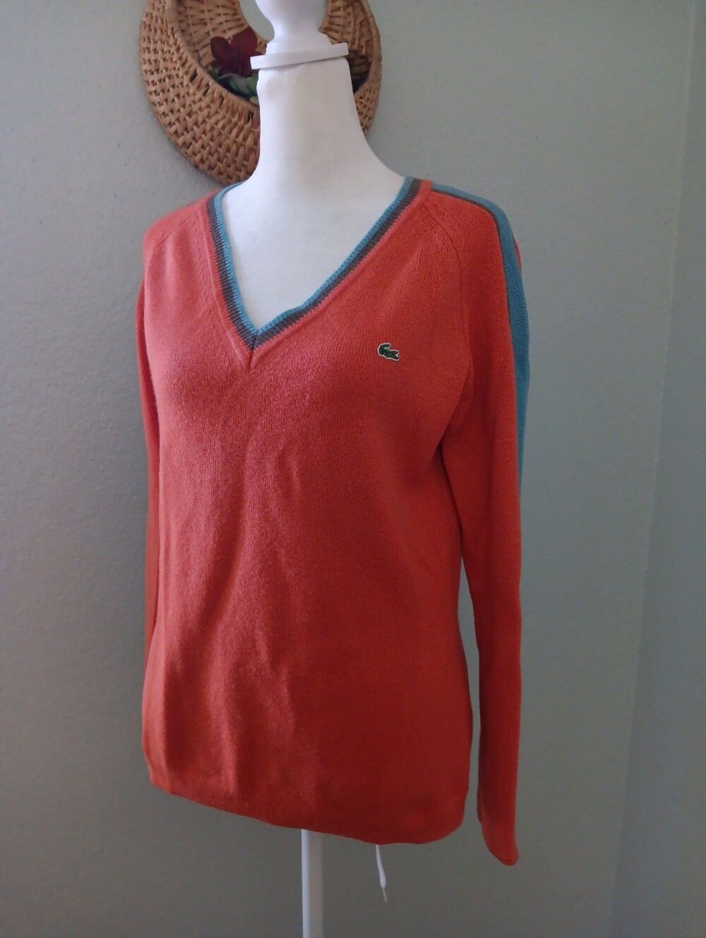 Lacoste Coral V‑Neck Sweater with Blue Trim Wool